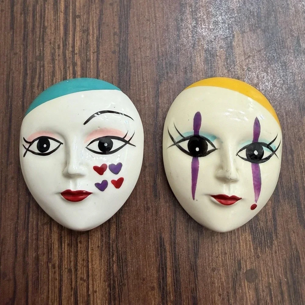 Vintage 1980s Theatrical Face Mask Magnets Set Of 2 Hearts Teardrops